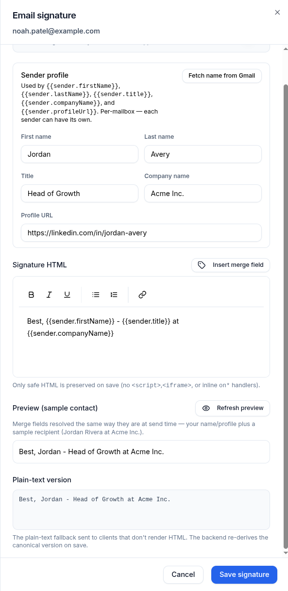 Email signature drawer