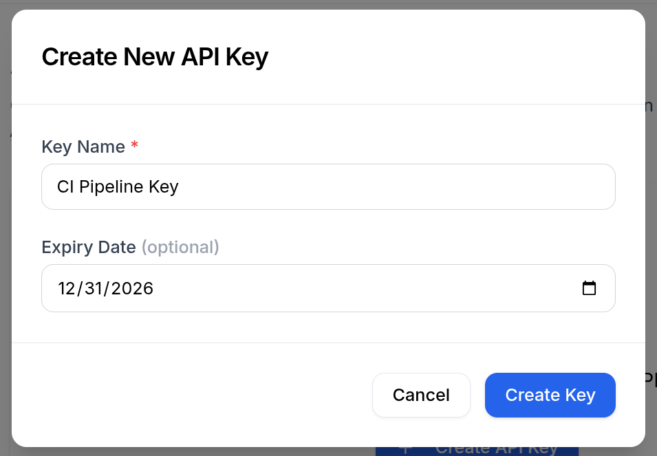 API Keys page with the create dialog open