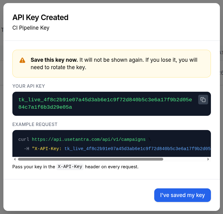 One-time key reveal dialog