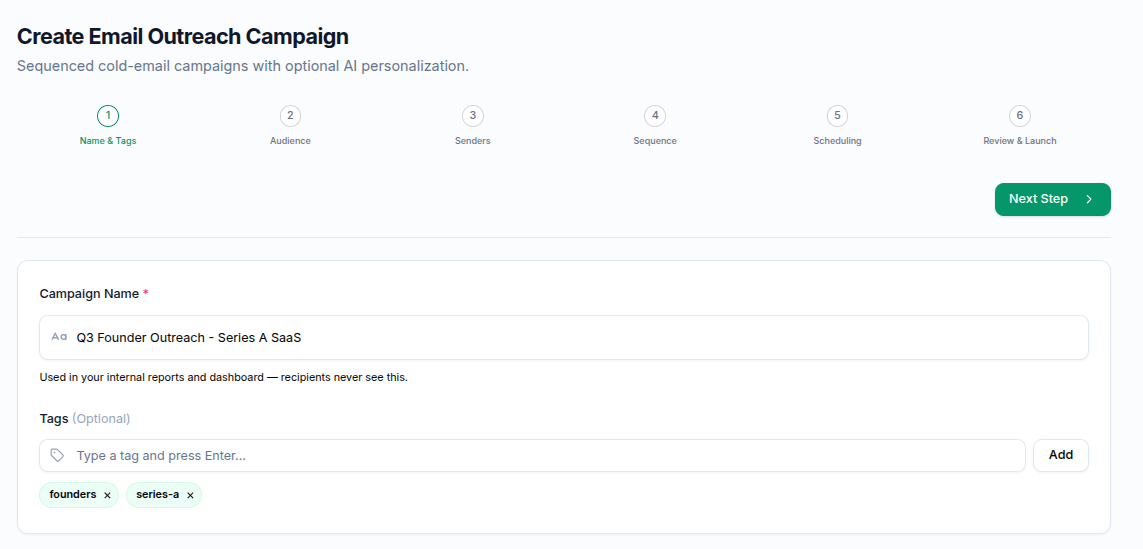 Cold email builder, step 1