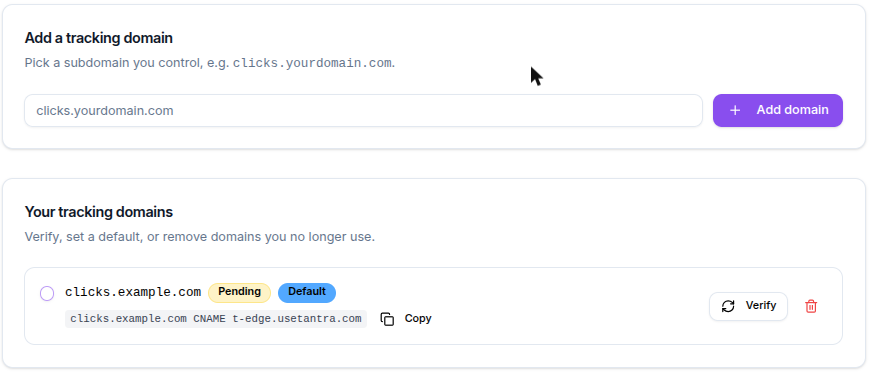 Custom tracking domain list with verify and default controls