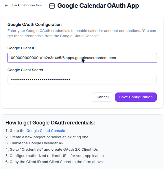 Google OAuth configuration form