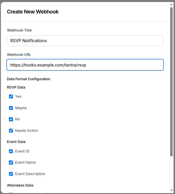 Webhooks page with the create dialog open
