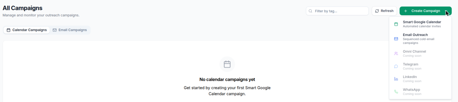 Create Campaign menu on the Campaigns page