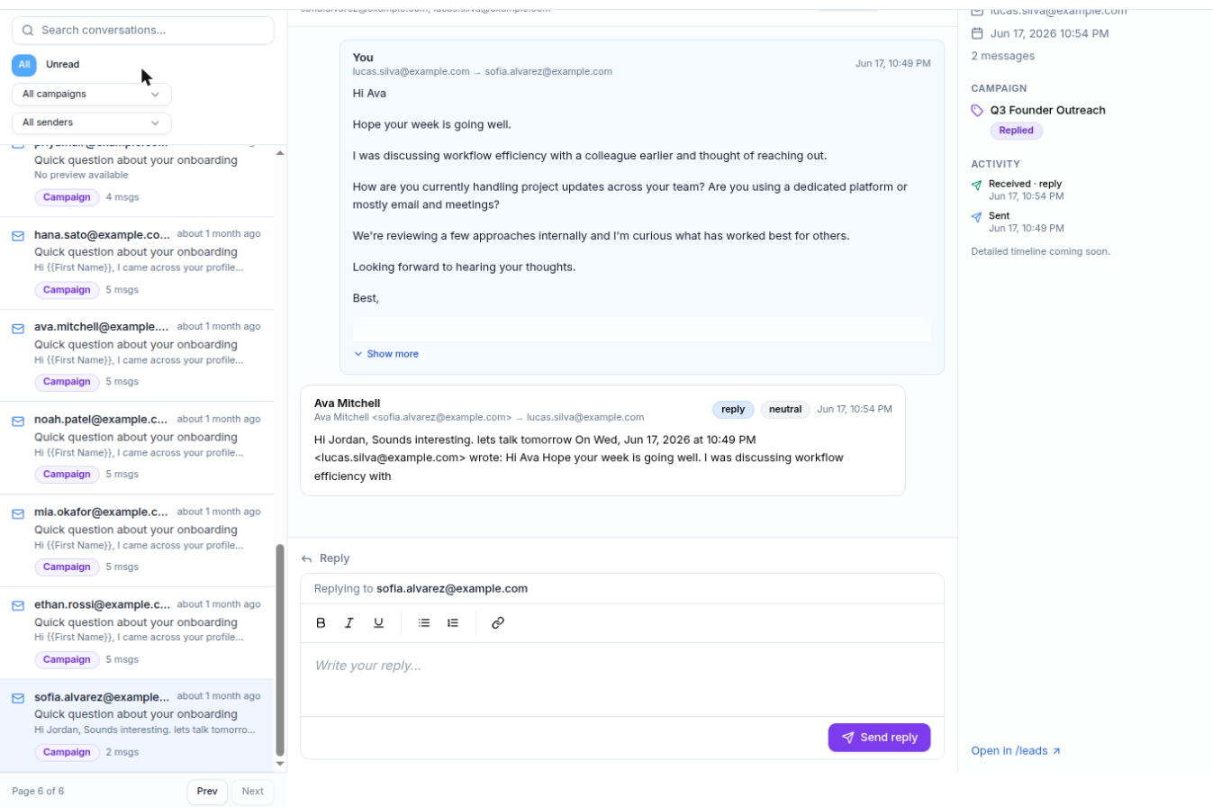 Threaded inbox with a conversation open