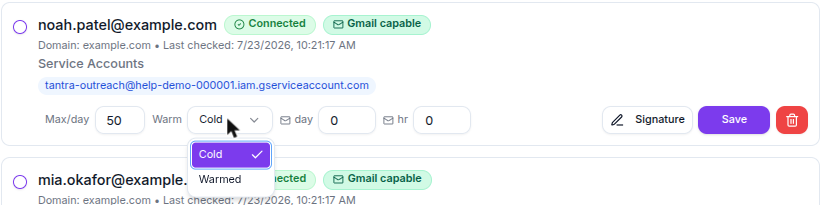 Accounts page with warm status
