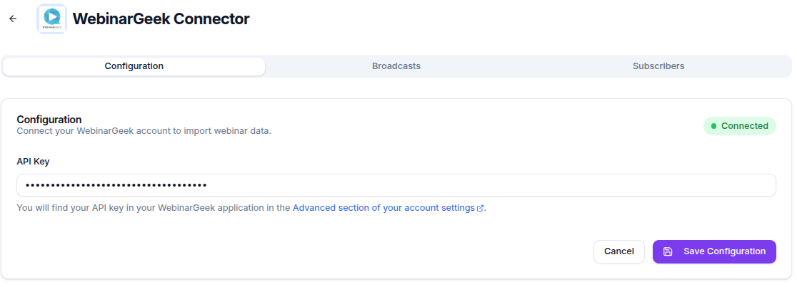 WebinarGeek configuration tab