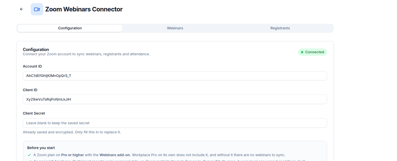 Zoom connector configuration tab
